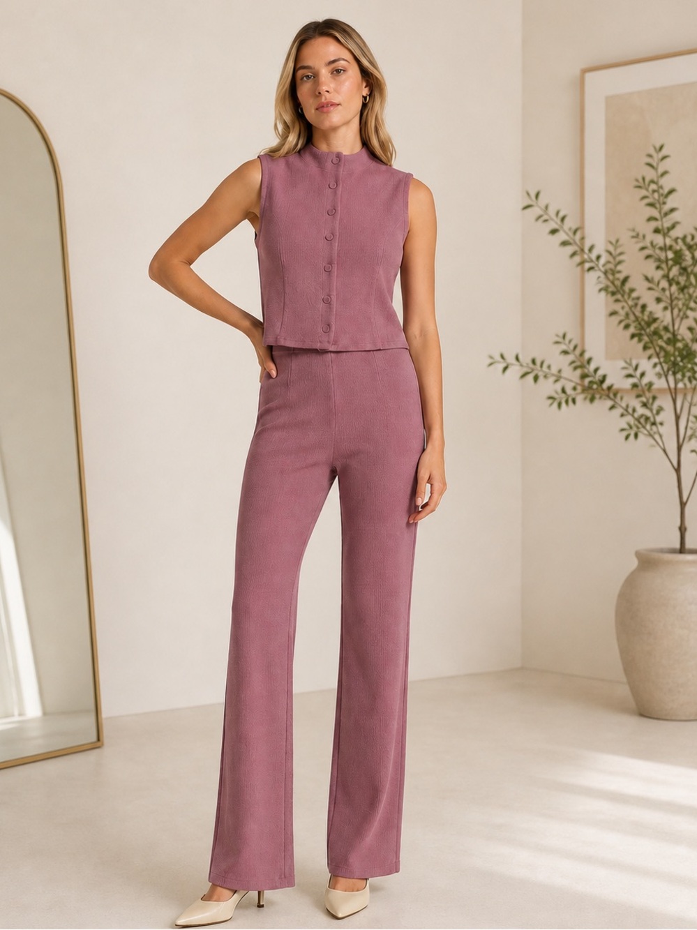 Co-ord Sleeveless Button-Front Wide-Leg set Dusty Rose soft brushed large